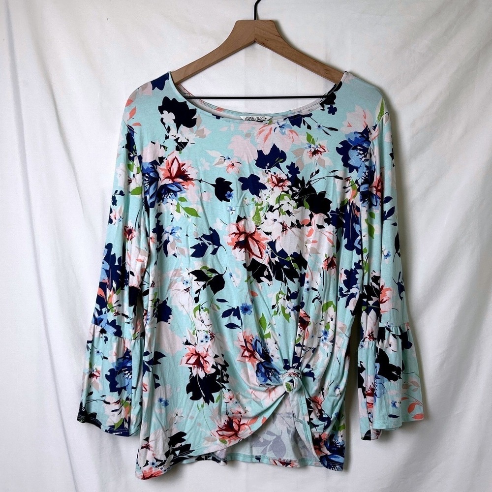 The Pioneer Woman Womens Floral Bell Sleeve Knot Front Top Blue Size XXL Country